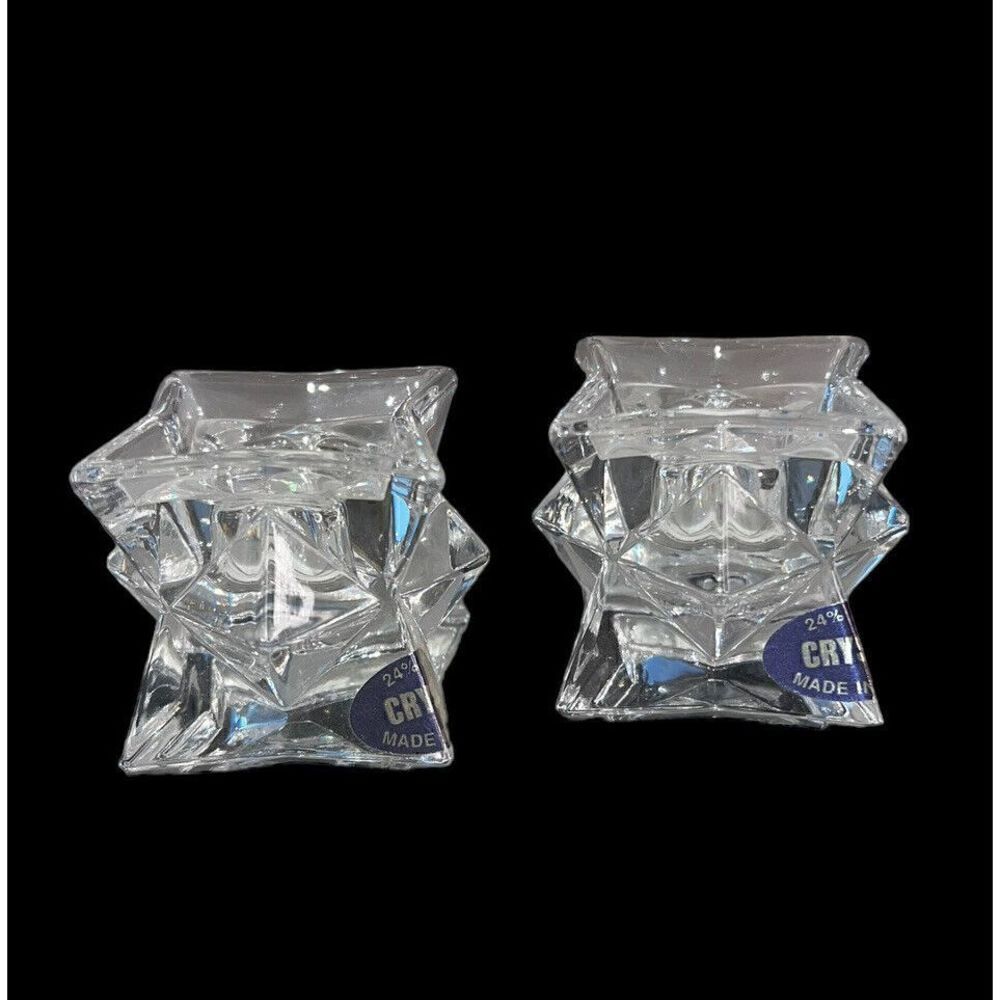 Star Glass Candle Taper Holder 24 % Lead Crystal Stackable Clear pair